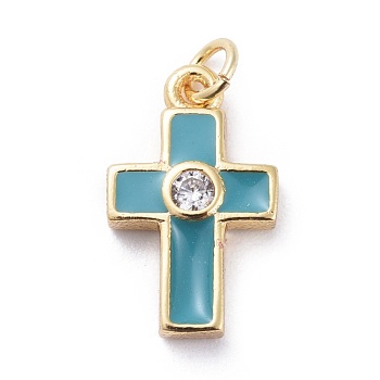 Cubic Zirconia Tiny Cross Charms, with Brass Findings and Enamel, Golden, Dark Cyan, 15x9x2.5mm, Hole: 1.8mm