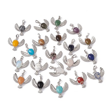 Natural & Synthetic Mixed Gemstone Pendants, Bird Charms, with Platinum Tone Brass Findings, Cadmium Free & Nickel Free & Lead Free, Mixed Dyed and Undyed, 36~37x37.5~38.5x9~9.5mm, Hole: 7.5x5mm