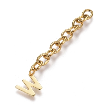 304 Stainless Steel Chain Extender, with Cable Chain and Letter Charms, Golden, Letter.W, Letter W: 11x11.8x0.7mm, 67.5mm, Link: 8x6x1.3mm
