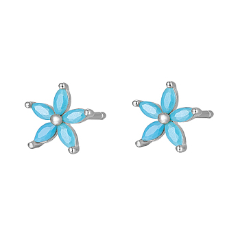 Cubic Zirconia Flower Stud Earrings, Silver 925 Sterling Silver Post Earrings, Cyan, 7.2mm