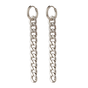 304 Stainless Steel Curb Chain Dangle Huggie Hoop Earrings, Long Chain Tassel Drop Earrings for Women, Stainless Steel Color, 65mm, Pin: 0.9mm