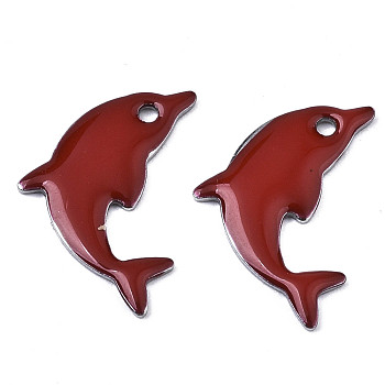 201 Stainless Steel Enamel Pendants, Dolphin, Stainless Steel Color, Brown, 17x11.5x1.5mm, Hole: 1.2mm