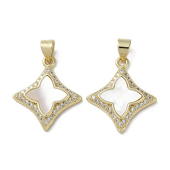 Brass Micro Pave Cubic Zirconia Pendants, with Shell, Rhombus, Real 18K Gold Plated, 21x18x3.5mm, Hole: 3.5x4.5mm