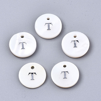 Natural Freshwater Shell Pendants, with Platinum Plated Iron Etched Metal Embellishments, Flat Round with Initial Letter, White, Letter.T, 11x2mm, Hole: 1.5mm