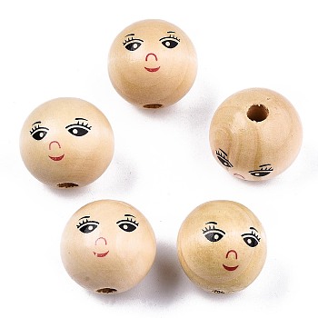 Unfinished Natural Wood Beads, Round with Face, BurlyWood, 21~22mm, Hole: 4mm
