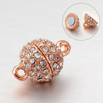 Round Alloy Rhinestone Magnetic Clasps with Loops, Rose Gold, 16x10mm, Hole: 1mm