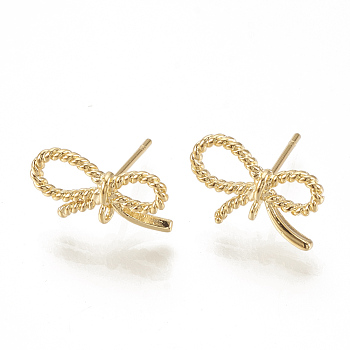 Brass Stud Earrings, with Loop, Bowknot, Nickel Free, Real 18K Gold Plated, 14x9mm, Hole: 1mm, pin: 0.7mm