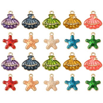 50Pcs 10 Styles Alloy Enamel Pendants, Light Gold, Starfish/Scallop with Star & Word Summer, Mixed Color, 16~17.5x14~16.5x3mm, Hole: 1.5~1.6mm, 5pcs/style