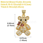 1Pc Rack Plating Brass Micro Pave Clear Cubic Zirconia Pendants, Long-Lasting Plated, Cadmium Free & Lead Free, Bear Charms, Real 18K Gold Plated, 21.5x14.5x4.5mm, Hole: 4x3mm(KK-YW0002-57)