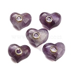 Natural Amethyst Beads, Heart, with Brass Pave Cubic Zirconia Findings, Golden, 14x17~17.5x11.5~12mm, Hole: 1.6mm(GG-CBACC2B-03D)