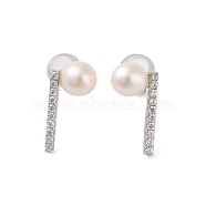 925 Sterling Silver Studs Earring, with Cubic Zirconia and Natural Pearl, Platinum, 15x7.5mm(EJEW-H002-02P)