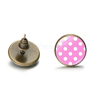 Alloy Stud Earrings with Ear Nuts, Glass Flat Round Polka Dot Ear Studs for Women, Pearl Pink, 12mm(PW-WG56752-06)