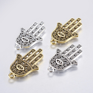 Brass Micro Pave Cubic Zirconia Pendants, Lead Free & Cadmium Free, Hamsa Hand with Eye, Mixed Color, 33.5x20x2mm, Hole: 2mm(KK-F737-20-RS)