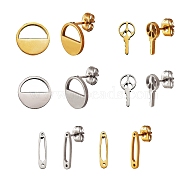 6Pairs 6 Style Half Round & Safety Pin & Key 304 Stainless Steel Stud Earrings for Women, Golden & Stainless Steel Color, 11.5~14.5x3~11.5mm, Pin: 0.7mm, 1pair/style(EJEW-SZ0001-64)