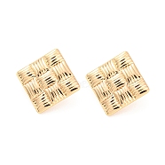 Rack Plating Brass Stud Earring Findings, with Vertical Loops, Textured Rhombus, Real 18K Gold Plated, 26x26mm, Hole: 2.5mm, Pin: 0.8mm(KK-M261-48G)