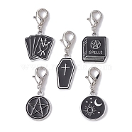 Alloy Enamel Pendants Decorations, with Alloy Lobster Claw Clasps, Coffin & Book & Flat Round with Star & Moon, Black, 37~42mm(HJEW-JM01407)