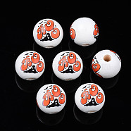 Halloween Printed Natural Wood Beads, Round with Ghost & Word BOO, Orange Red, 15.5x14.5mm, Hole: 4mm(WOOD-S057-083)