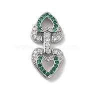 Brass Micro Pave Cubic Zirconia Fold Over Clasps, Heart, Real Platinum Plated, Green, 29x14x4.5mm(KK-H455-53P-04)