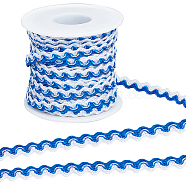 15M Polyester Wavy Fringe Trim Ribbon, Two Tone Wave Bending Lace Trim, for Clothes Sewing and Art Craft Decoration, White, Blue, 1/4 inch(8mm), about 16.40 Yards(15m)/Roll(OCOR-GF0003-04D)