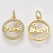 For Mother's Day, Brass Micro Pave Cubic Zirconia Pendants, with Jump Rings, Flat Round with Word Mama, Clear, Real 18K Gold Plated, 15x13x2mm, Hole: 3mm, Ring: 5x1mm(ZIRC-S061-150G)