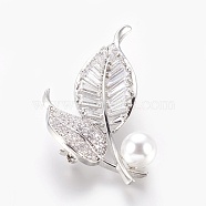 Brass Cubic Zirconia Brooches, with Acrylic Pearl, Leaf, Platinum, 51x26.5mm(KK-P167-14P)