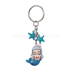 Mermaid Opaque Resin Pendant Keychain, with Starfish Synthetic Turquoise and Iron Split Key Rings, Light Steel Blue, 8.9cm(KEYC-JKC00624-01)