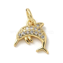 Brass Micro Pave Clear Cubic Zirconia Pendants, with Jump Ring, Sea Animals Charms, Dolphin, 11x10x2.5mm, Hole: 3mm(KK-U046-02G-05)