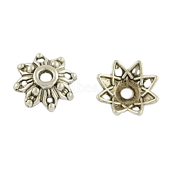 8-Petal Flower Alloy Bead Caps, Tibetan Style, Cadmium Free & Nickel Free & Lead Free, Antique Silver, 8.5x3mm, Hole: 2mm, about 5000pcs/1000g(TIBEB-155-AS-NR)