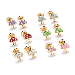 Brass Micro Pave Clear Cubic Zirconia Stud Earrings, with Enamel and Ear Nuts, Mushroom, Golden, Mixed Color, 9x8.5x3mm, Pin: 1mm(EJEW-F264-14G)