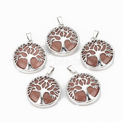 Synthetic Goldstone Pendants, with Brass Findings, Flat Round with Tree of Life, Platinum, 30.5x27x8mm, Hole: 7x3mm(G-S292-10F-P)