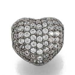 Brass Micro Pave Cubic Zirconia Beads, Heart, Clear, Gunmetal, 8x7x5mm, Hole: 1mm(ZIRC-T006-12B)