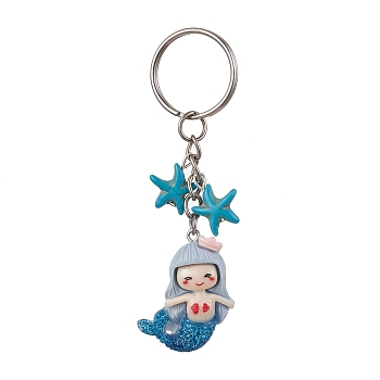 Mermaid Opaque Resin Pendant Keychain, with Starfish Synthetic Turquoise and Iron Split Key Rings, Light Steel Blue, 8.9cm