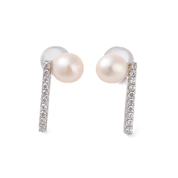 925 Sterling Silver Studs Earring, with Cubic Zirconia and Natural Pearl, Platinum, 15x7.5mm