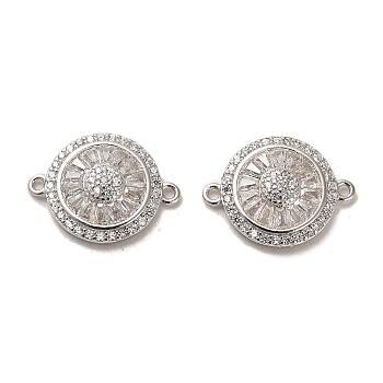 925 Sterling Silver Connector Charms, with Clear Cubic Zirconia, Flat Round with 925 Stamp, Real Platinum Plated, 13x17x4mm, Hole: 1.2mm