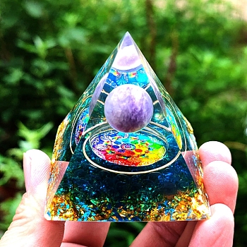 Orgonite Pyramid Resin Energy Generators, Reiki Natural Amethyst Chips Inside for Home Office Desk Decoration, 50x50x50mm