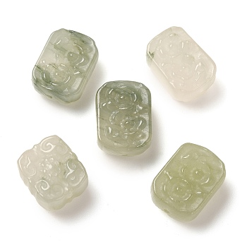 Natural Jade Beads, Rectangle with Carved Flower, 15.5~18x14x7~9mm, Hole: 1.2mm