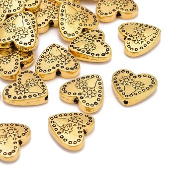 Tibetan Silver Beads, Lead Free & Cadmium Free, Antique Golden Color, Heart with Flower, Great for Mother's Day Gifts Making, about 12mm long, 13mm wide, 3.5mm thick, hole: 2mm