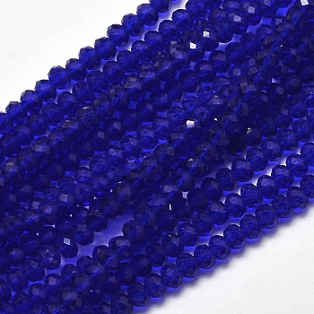 Faceted Rondelle Transparent Glass Beads Strands, Blue, 3.5x2mm, Hole: 0.5mm, about 113~115pcs/strand, 32~33cm