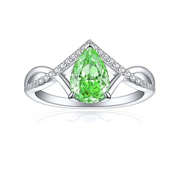 925 Sterling Silver Micro Pave Cubic Zirconia Plain Band Rings, Real Platinum Plated, Teardrop, Lime, US Size 7(17.3mm)