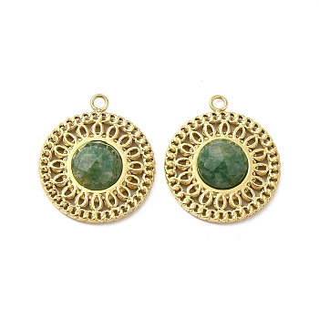 Natural African Jade Pendants, Faceted Flat Round Charms, with Vacuum Plating Real 18K Gold Plated 201 Stainless Steel Findings, 17.5x15x4mm, Hole: 1.4mm