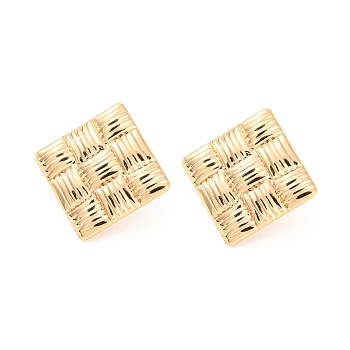 Rack Plating Brass Stud Earring Findings, with Vertical Loops, Textured Rhombus, Real 18K Gold Plated, 26x26mm, Hole: 2.5mm, Pin: 0.8mm