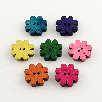 2-Hole Dyed Wooden Buttons, Flower, Mixed Color, 22x21x4mm, Hole: 1.8mm