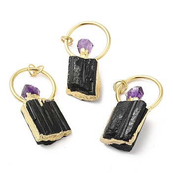 Natural Black Tourmaline and Amethyst Pendants, Perfume Bottle Charms with Rack Plating Brass Findings, Cadmium Free & Lead Free, Golden, 44~60x25x11.5~17mm, Hole: 3.5mm
