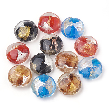 Gold & Silver Foil Handmade Lampwork Beads, Flat Round, Mixed Color, 20~21x20.5x10.5mm, Hole: 1.5mm