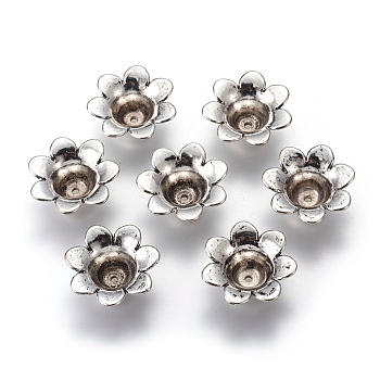 CCB Plastic Bead Caps, 7-Petal, Flower, Antique Silver, 24.6x10mm, Hole: 1.6mm, Inner Diameter: 8mm