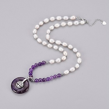 Natural Amethyst Pendant Necklace, with Pearl Beads, Brass Findings and Hematite Beads, Flat Round with Tree of Life, 21.06 inch(53.5cm)