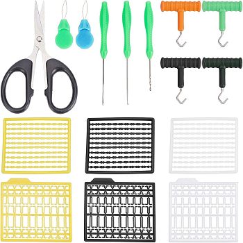 Fishing Sets, with Carp Fishing Hair Rig Extender, Fishing Knot Puller, Bait Needle, Iron Sewing Needle Devices Threader Thread Guide Tool & Scissors, Mixed Color, 60.5x50.5x2.5mm, 3 colors, 1board/color, 3boards