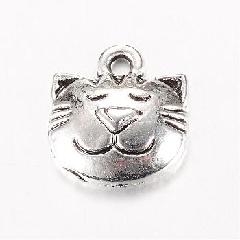 Tibetan Style Alloy Kitten Charms, Cat Head Shape, Cadmium Free & Nickel Free & Lead Free, Antique Silver, 14x13x4mm, Hole: 1.5mm, about 930pcs/1000g