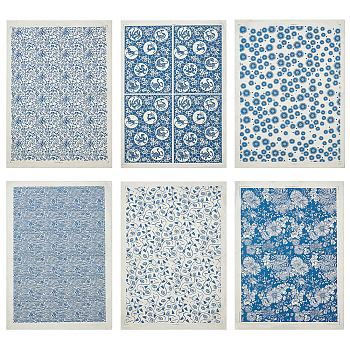 6 Sheets 6 Styles Paper Ceramic Decals, Pottery Ceramics Clay Transfer Paper, Underglaze Flower Paper, Blue and White Porcelain Style, Mixed Shapes, 53x38x0.004cm, 1 sheet/style