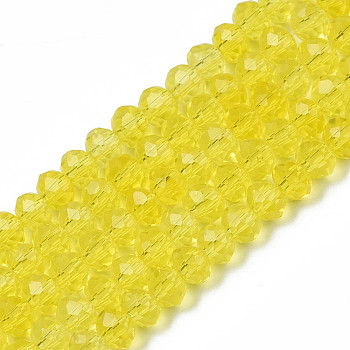 Electroplate Glass Beads Strands, Pearl Luster Plated, Faceted, Rondelle, Yellow, 3.5~3.8x3mm, Hole: 0.4mm, about 113~115pcs/strand, 32.5~33cm